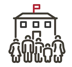 school house with families in front of it icon