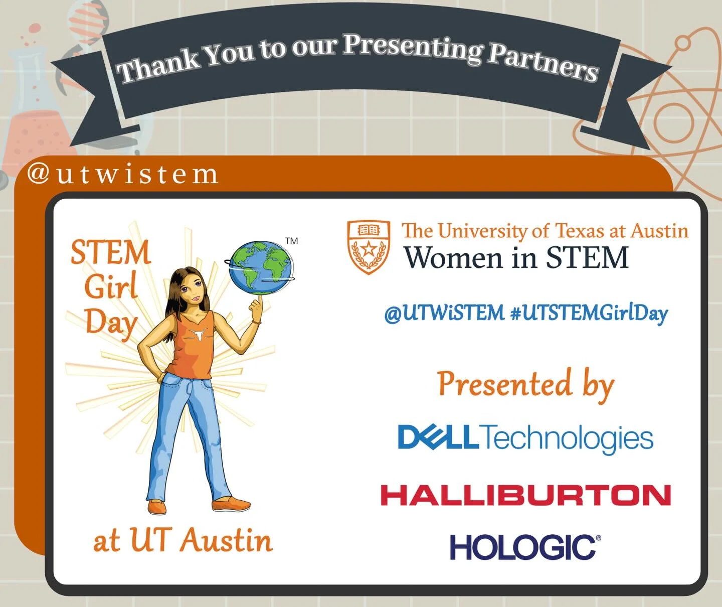 Image of girl balancing the world on her finger to promote STEM Girl Day at UT